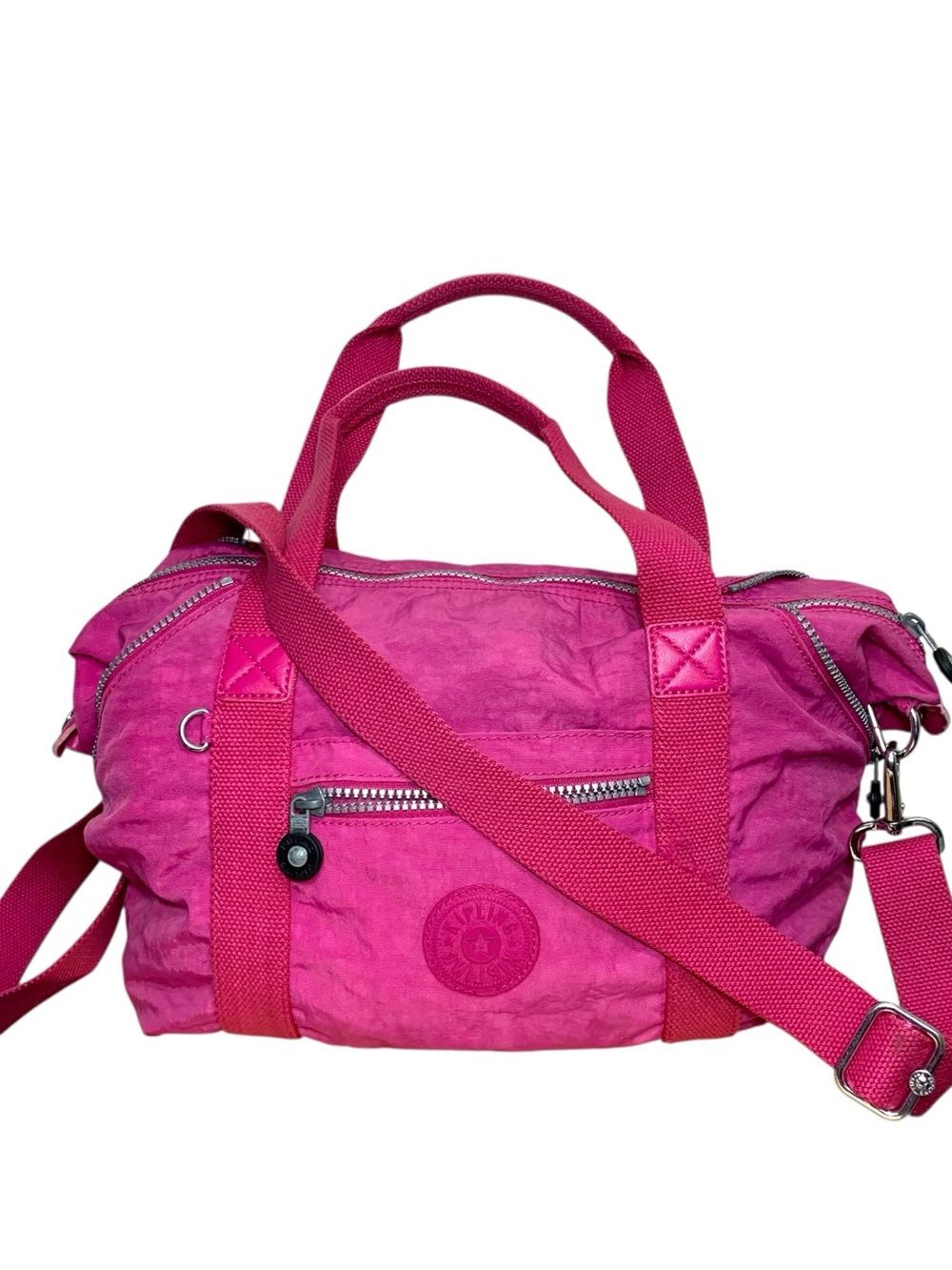 Vintage Kipling Pink Nylon Crossbody Tote Bag Small Duffle Bag Y2K Ajustable